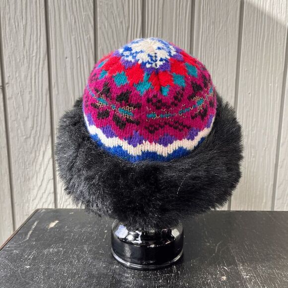 VTG 70s Fair-Isle Knit Faux-Fur Pillbox Hat Colorful Retro Apres Ski - Picture 2 of 9